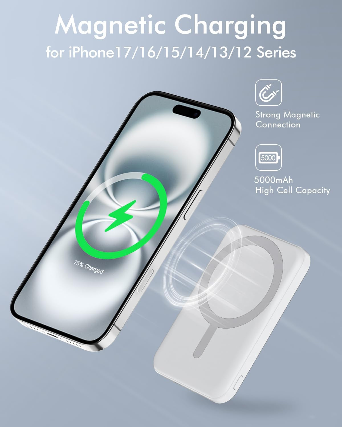 for Magsafe Battery Pack, 5000Mah Magnetic Power Bank with Type-C Cable 20W PD Fast Charging Lighting Input Wireless Portable Charger for Iphone 17/16/15/14/13/12/ All Series-Snow White